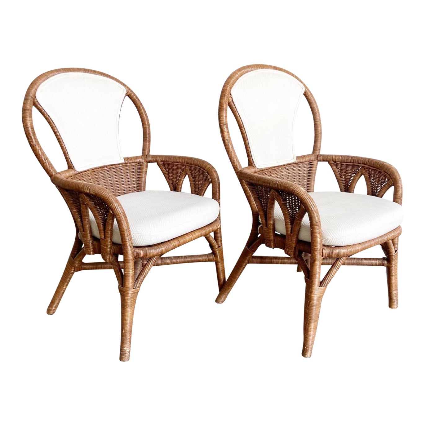 Boho Chic Wicker and Rattan Arm Chairs With White Cushions a Pair Chairish