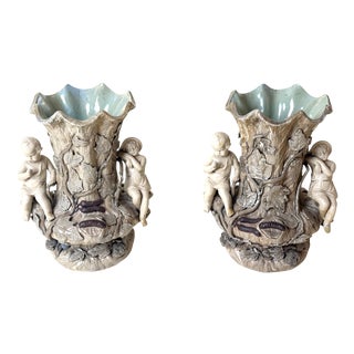 Figural Majolica Tree Trunk Vases by Villeroy & Boch, Germany, 1890, Set of 2 For Sale