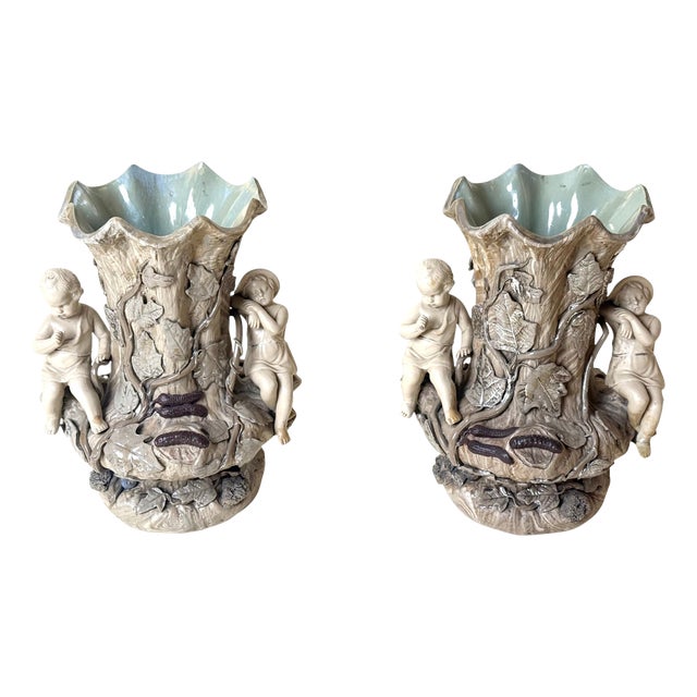 Figural Majolica Tree Trunk Vases by Villeroy & Boch, Germany, 1890, Set of 2 For Sale