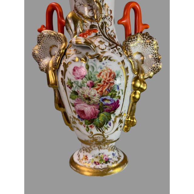 Antique Old Paris 2 Piece Bolted Porcelain Floral & Gilt Decorated Handled Vase For Sale - Image 6 of 9