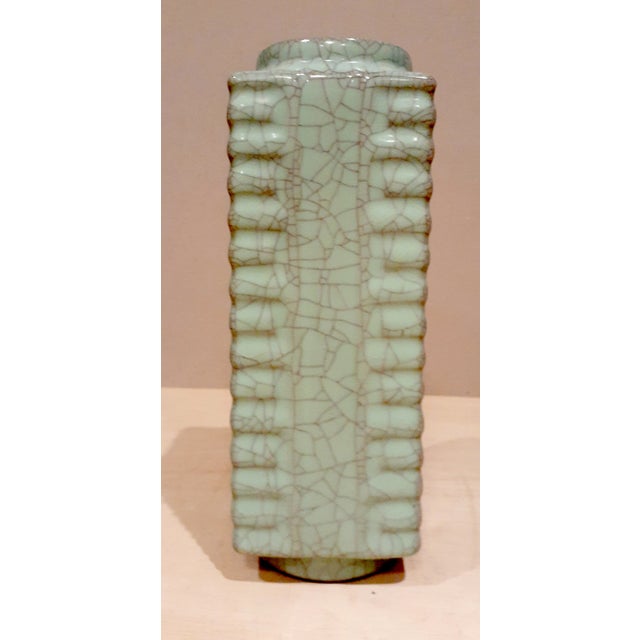 Chinese porcelain Guan Yao iron wire cong vase, celadon glaze with iron wire craquelure, dark grey green highlights on the...