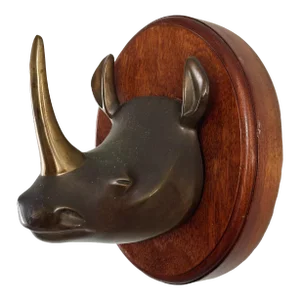 Mid-Century Brass Rhino Bust on Wood Mount