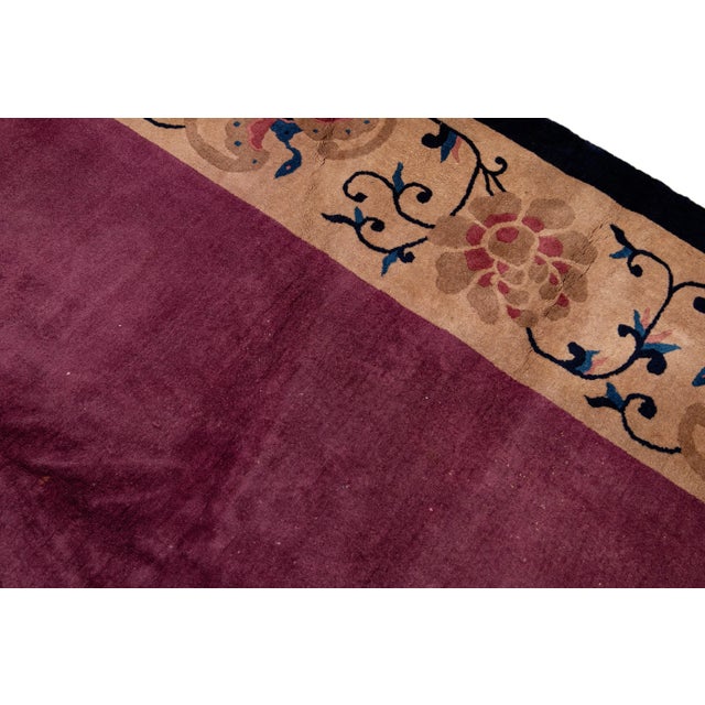 Antique Art Deco Chinese Handmade Floral Purple Wool Rug 11 Ft 11 in X 19 Ft 2 In. For Sale In New York - Image 6 of 12
