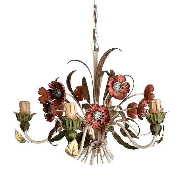 Vintage Passeri Florentine Floral Chandelier in Hand-Painted Wrought Iron, Italy, 1960s For Sale