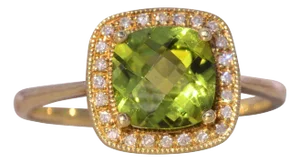 The Cryte: Checkerboard Peridot and Natural Diamond Halo Ring in Yellow Gold