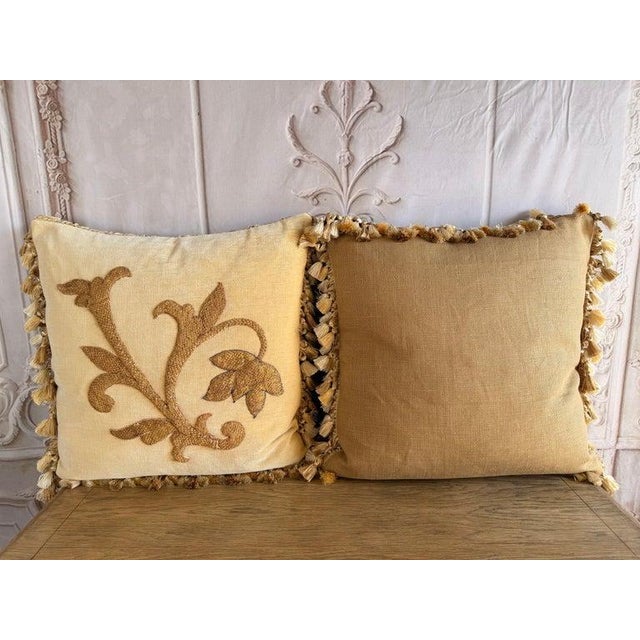 Pair of Golden Chenille Pillows W/ 19th Century Metallic Embroidered Appliqués For Sale - Image 14 of 14