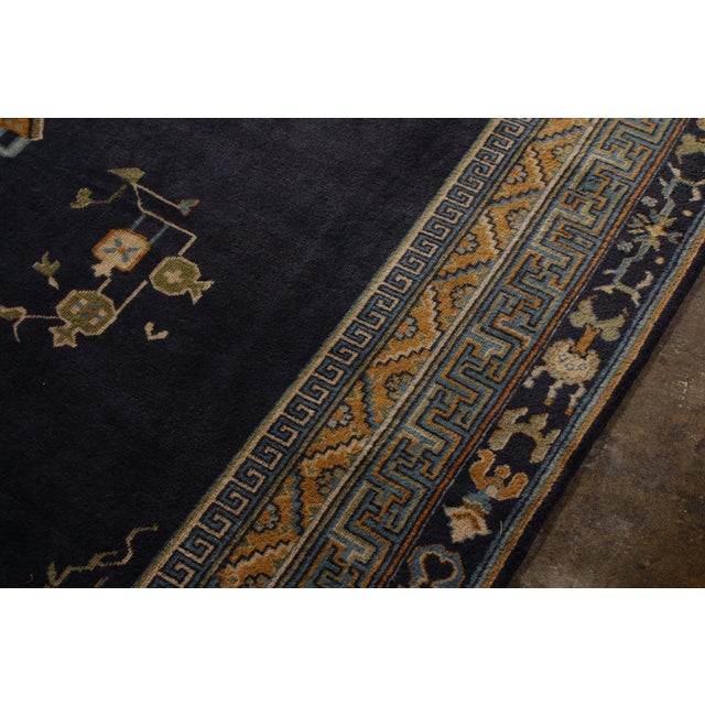 Textile Antique Samarkand Rug Art Deco Blue and Gold Pattern For Sale - Image 7 of 9