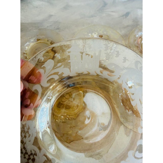 Vintage Bohemian Amber Etched Glass Plates- Set of Eight - 6.625 Inch Heraldic Castle Deer Motif 1920s 1930s For Sale - Image 4 of 11