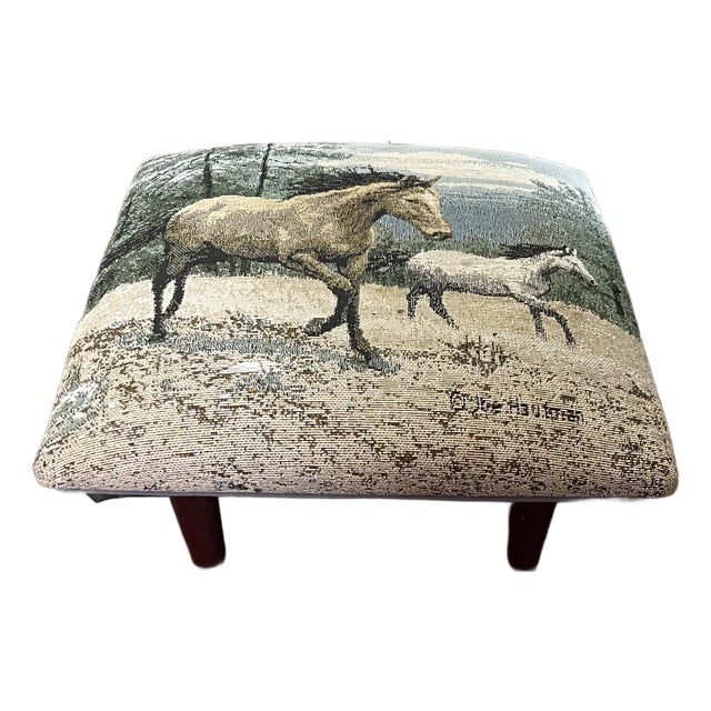 Vintage Signed Tapestry Footstool With Running Horses For Sale
