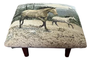 Vintage Signed Tapestry Footstool With Running Horses