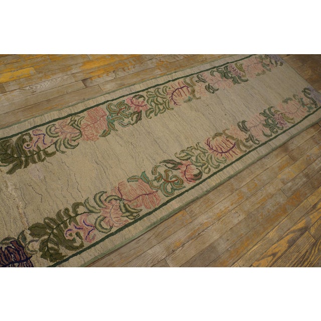 1930s Tan Ecru Floral Folk Art Antique American Hooked Rug 2'2" X 19' Handknotted Wool Carpet For Sale - Image 14 of 18