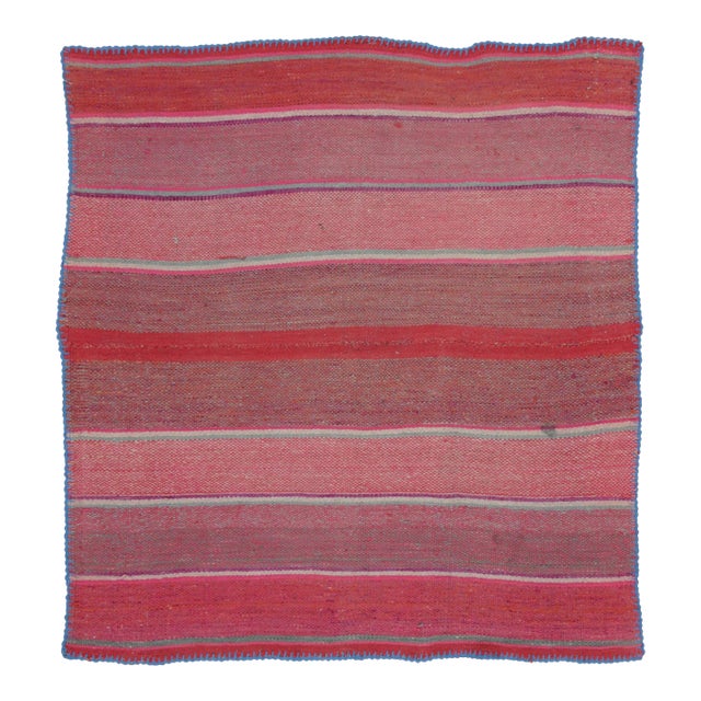 Vintage Frazada Square Kilim in Pink Striped Geometric Pattern- Rug & Kilim For Sale
