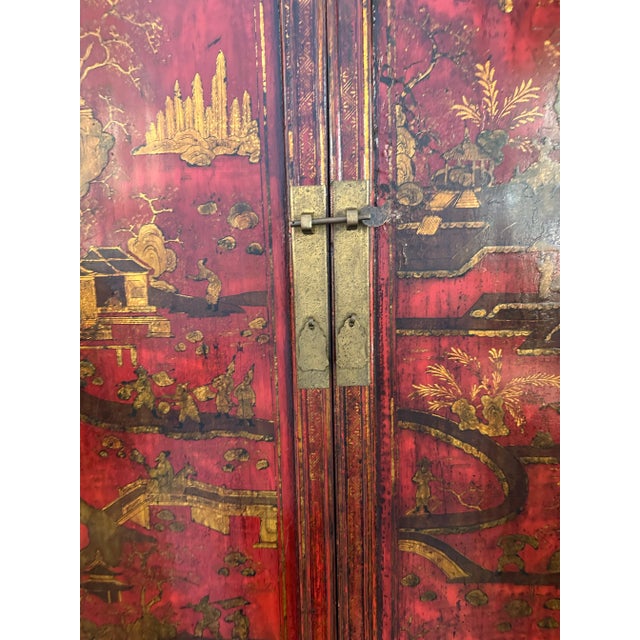 Early 20th Century Large Chinoiserie Red Lacquered Cabinet or Armoire With Gilt Accents For Sale - Image 5 of 12