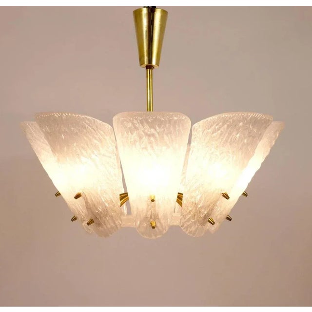 Mid-Century Brass Chandelier with White Textured Glass Lamp Shades attributed to J. T. Kalmar for Kalmar, 1950s For Sale - Image 10 of 11