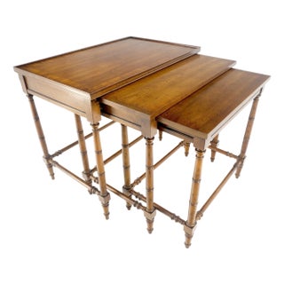 Very Fine Faux Bamboo Banded Top Set of 3 Nesting End Side Night Tables For Sale