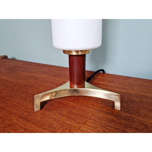 Scandinavian Tripod Table Lamp in Brass, Teak and White Satin Opaline Glass, 1960 For Sale - Image 6 of 15