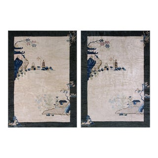 1920s Pair of Scenic Pictorial Antique Ivory Antique Chinese Art Deco Carpets For Sale