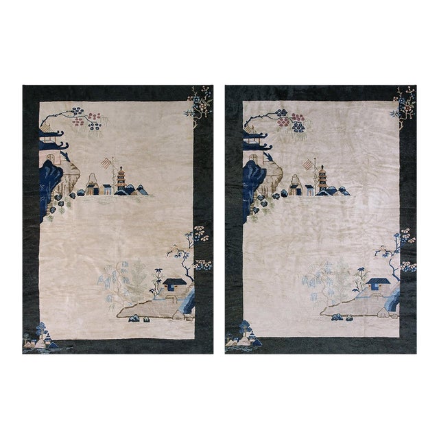 1920s Pair of Scenic Pictorial Antique Ivory Antique Chinese Art Deco Carpets For Sale