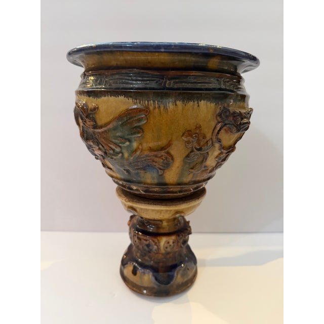 Vintage Majolica Style Pedestal Jardinière Planter With Figural Relief For Sale - Image 4 of 11