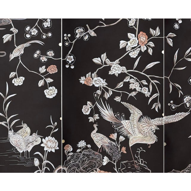 Chinoiserie Chinoiserie Black Hand-Painted Wallpaper, Floral & Bird Mural Wall Panels, Set of 6 For Sale - Image 3 of 7