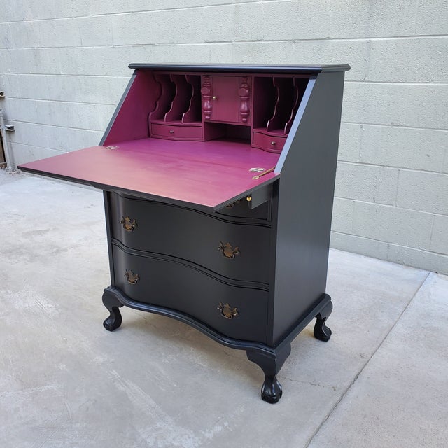 1940s Vintage Secretary Desk Painted Black & Plum For Sale - Image 4 of 12