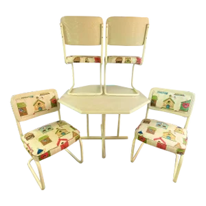 1980s Vintage Coastal Pencil Reed Backed & Tubular Dining Set, Reupholstered - 5 Piece Set