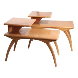 Pr. Mid 20th Century Wishbone Leg Step End Tables by Heywood Wakefield in Champagne Finish For Sale