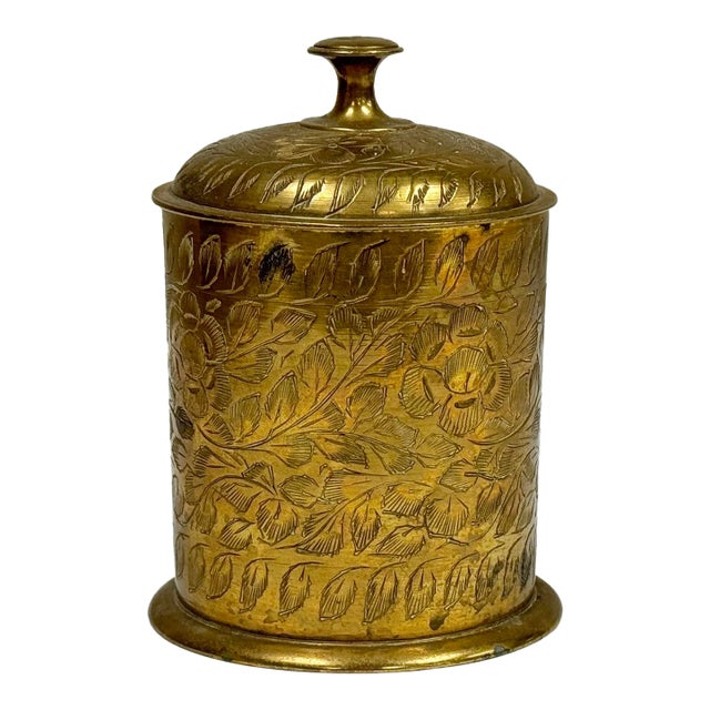 Vintage Brass Indian Etched Floral Lidded Jar For Sale