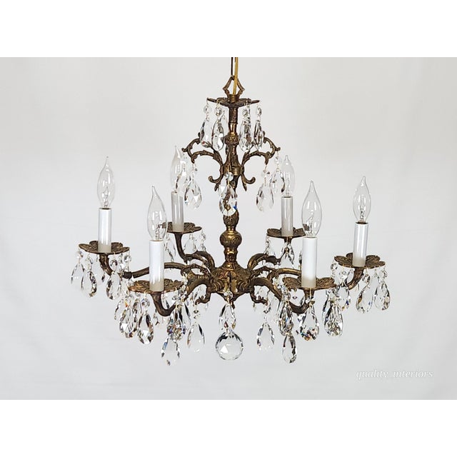 Vintage 6 Arm 6 Light Dark Patina Swanky Brass Cut Lead Glass Crystal Chandelier For Sale - Image 11 of 12