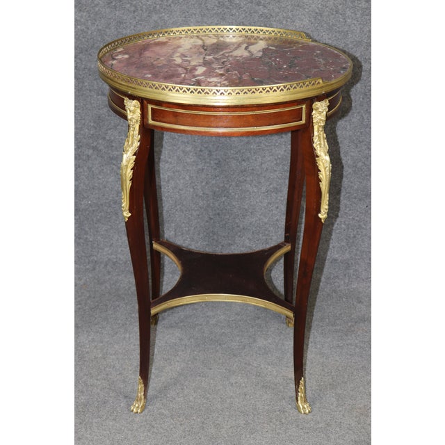 Wood French Louis XV 1870s Era Marble Top Bronze Mounted Mahogany Round End by Millet For Sale - Image 7 of 16