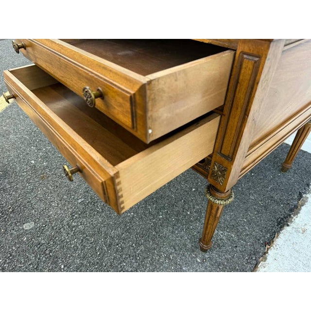 Brown Pair of Vintage French Provincial Louis XVI Style Marble Top 2 Drawer Side Tables by Gordon's Inc. For Sale - Image 8 of 9