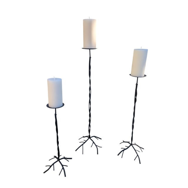 Rustic European Giocometti Style Tree Branch Floor Pillar Candle Holders-Set of 3 For Sale - Image 3 of 16