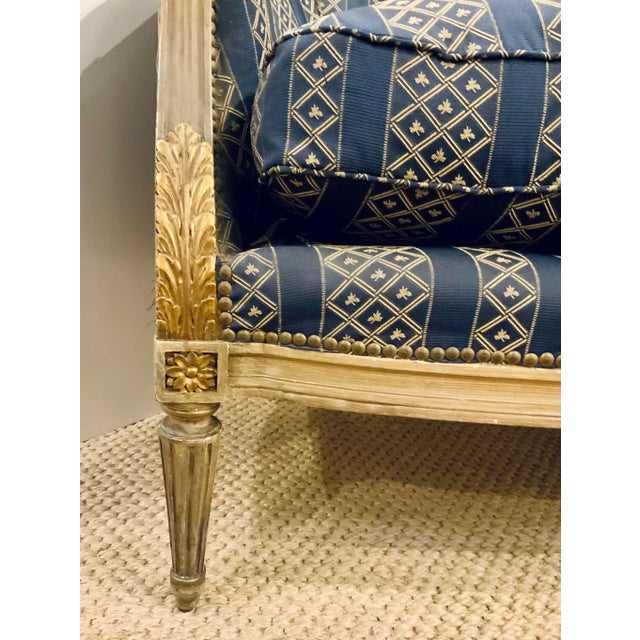 French Vintage Louis XVI Style Blue and Gold Sofa For Sale - Image 3 of 7
