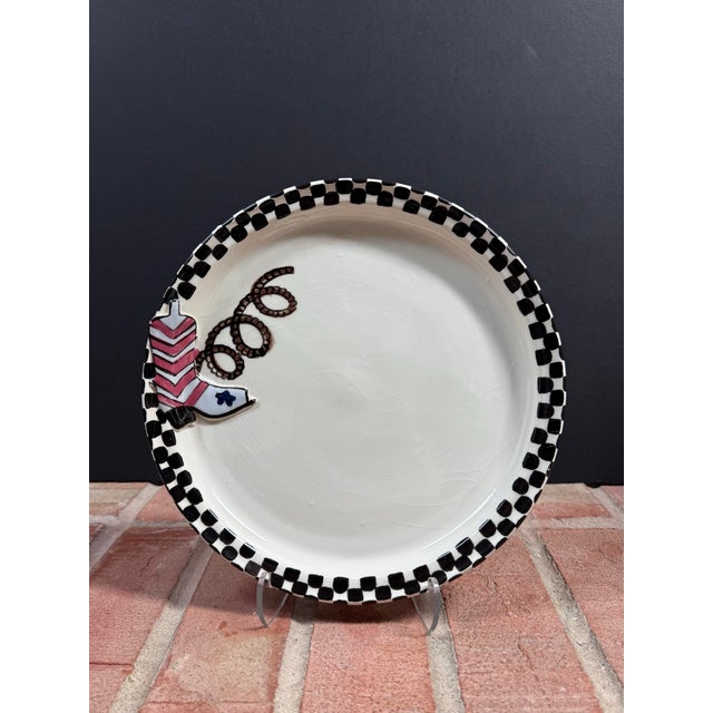 Ivory Robin Sterling for Barneys New York Handmade Pottery Western Style Cowboy Boot Checkerboard Plates - Set of 6 For Sale - Image 8 of 12