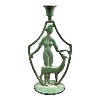 Art Deco Nude Female With Deer Candlestick For Sale