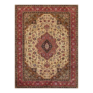 1880s Ivory Medallion Antique Persian Tabriz Rug 4' 10'' X 6' 0'' Knotted Wool Carpet For Sale