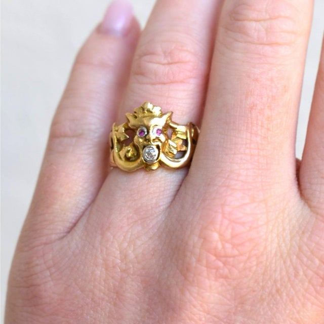 Metal Antique Art Nouveau Gargoyle Ring 18k Gold - Ruby Eyes & Diamond Mouth, Size 7.5 For Sale - Image 7 of 8