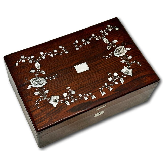 Outstanding Antique Victorian Rosewood Veneer Sewing Box With Fancy Abalone Seashell Inlay Flowers - Circa 1870s For Sale - Image 9 of 18