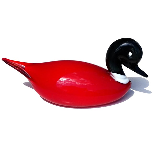 Late 20th Century Vintage Murano Red Black White Italian Art Glass Male Female Decoy Duck Bird Sculptures - A Pair For Sale - Image 5 of 9