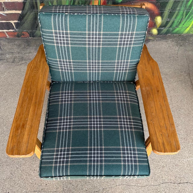 Pair of Ranch Oak Lounge Chairs Reupholstered in Plaid From Pindler For Sale - Image 11 of 12