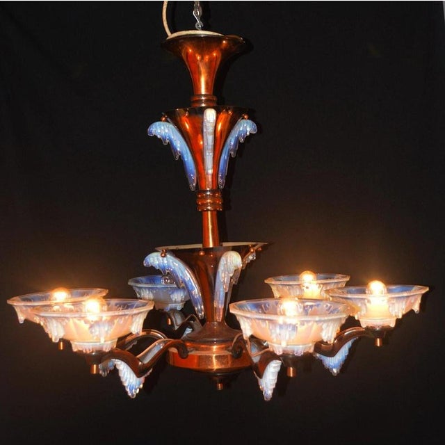 French Art Deco Ezan Six-Light Opalescent Glass Stalactite Chandelier, 1930 For Sale - Image 15 of 18