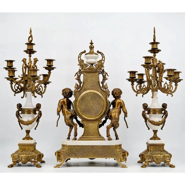 French Regnault À Paris, Signed. Circa 1890. Garniture Gilt Bronze For Sale - Image 3 of 8