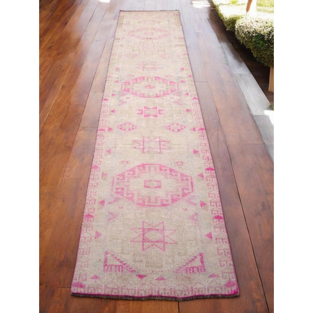 Hollywood Regency 1970s Hand-Knotted Tribal Turkish Hallway Rug Pink - 2′10″ × 12′1″ For Sale - Image 3 of 10