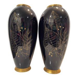 Set of Two 1970s Lindner Kueps Bavarian Tall Gold & Cobalt Floral Vases