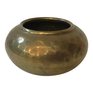 Vintage Round Hammered Brass Planter For Sale