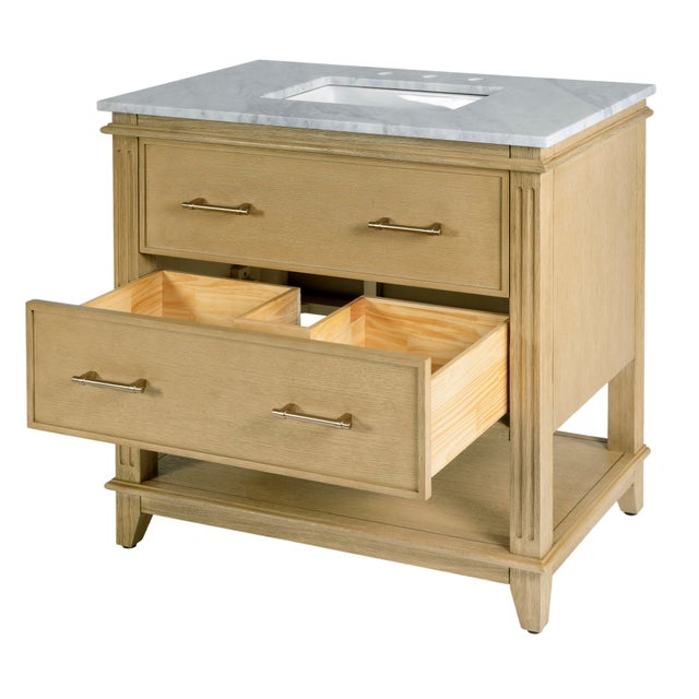 2020s Lois 36 in. W Wood & Marble Single Sink Bathroom Vanity, Light Oak Wire Brushed For Sale - Image 5 of 11
