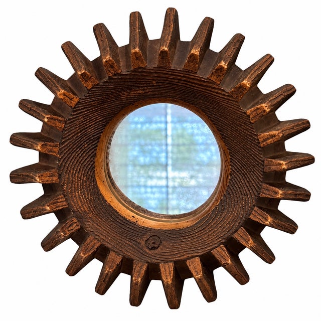 Mid-Century Modern Antique Petite Scale Wooden Cog Mirror / Rustic Petite Scale Sunburst Mirror - Early 20th Century (Attributed) For Sale - Image 3 of 16