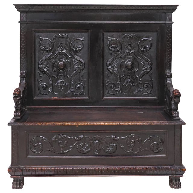 Stunning Hall Bench, Italian Renaissance Revival, Walnut, w/ Dragons, Storage, 1800s! 1800s Antique Hall Bench, Italian...