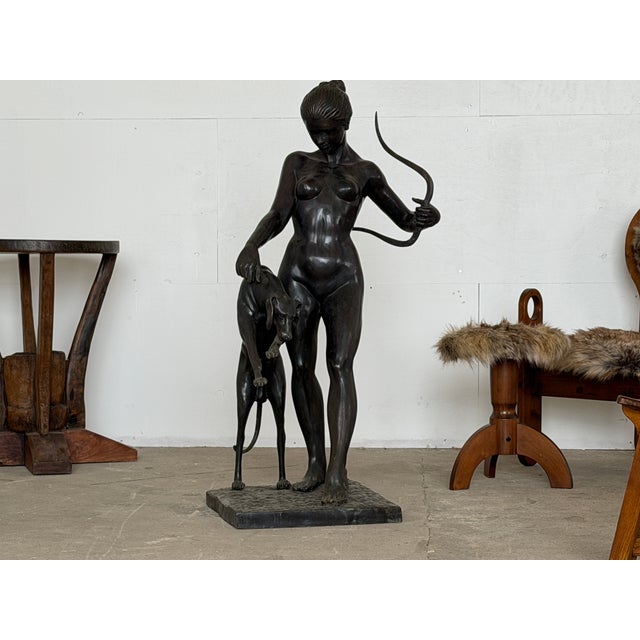 Metal Nude Figure of Diana the Huntress with Greyhound, Late 20th Century, Bronze For Sale - Image 7 of 8