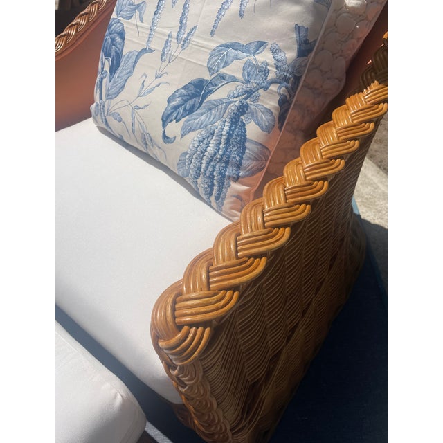 Vintage Wicker Lounge Chair & Ottoman Set, Michael Taylor Style With New Sunbrella Upholstery For Sale - Image 9 of 12
